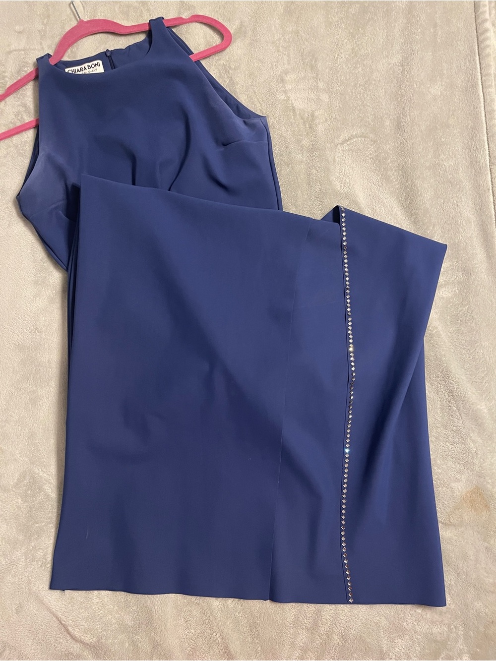 Chiara Boni Royal Blue Halter-Style Formal Maxi Gown w Beaded Slit Event Design - Picture 6 of 10